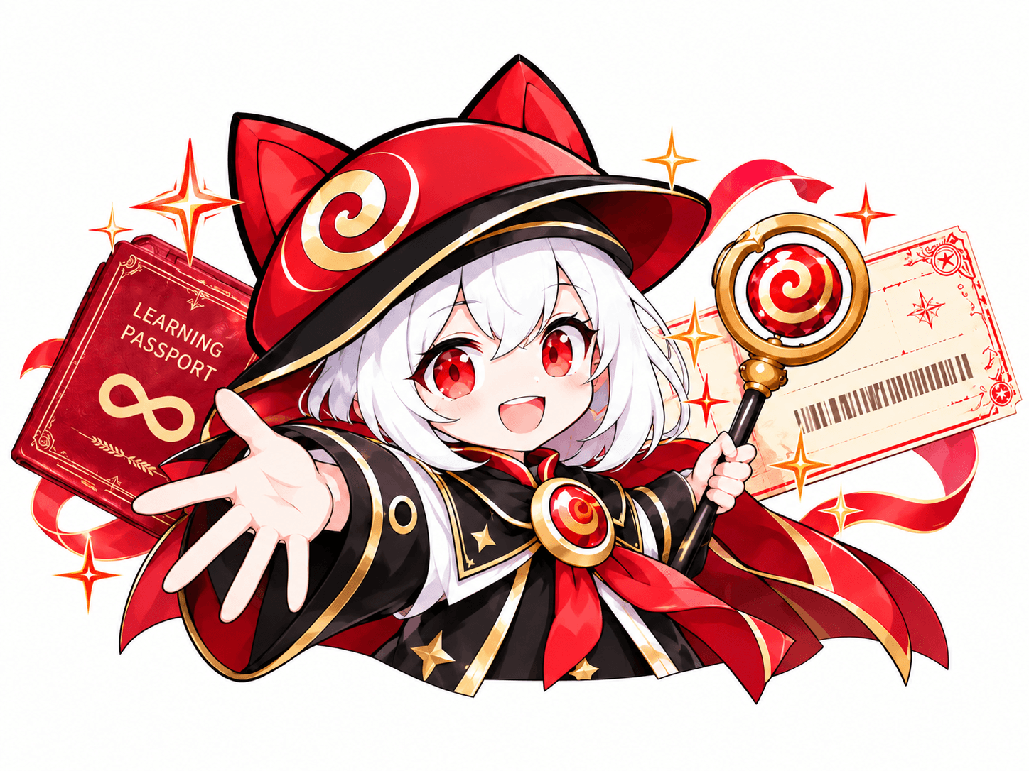 白发红帽魔法向导，手持学习护照和魔法杖